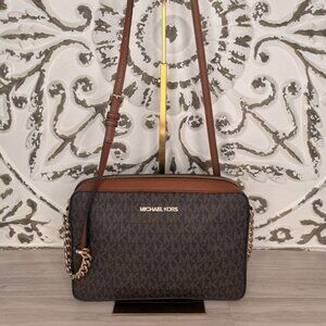 Michael Kors Jet Set Travel Large Crossbody Bag MK Brown PVC Leather Gold Chain